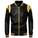 Men’s Black Biker Genuine Sheepskin Yellow Stripes Rib Knit