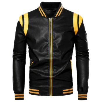 Men’s Black Biker Genuine Sheepskin Yellow Stripes Rib Knit