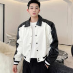 Men’s White & Black Oversized Bomber Baseball Leather Jacket