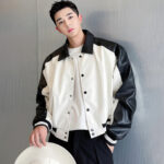 Men’s White & Black Oversized Bomber Baseball Leather Jacket