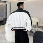 Men’s White & Black Oversized Bomber Baseball Leather Jacket