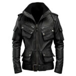 Men’s Black Genuine Sheepskin Slim-fit Belted Casual Zip-up