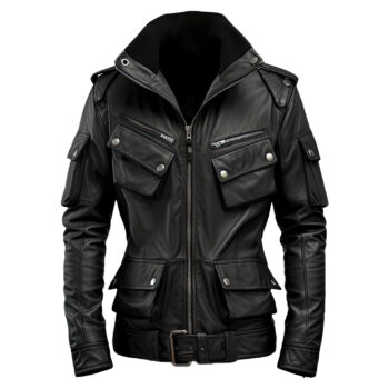 Men’s Black Genuine Sheepskin Slim-fit Belted Casual Zip-up