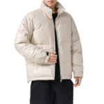 Men’s Beige Baggy Padded Puffer Leather Jacket