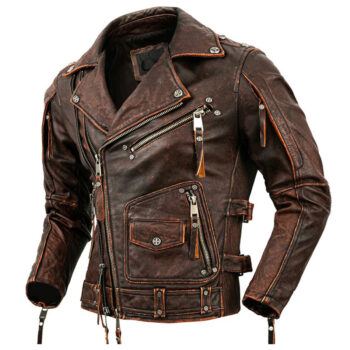 Men’s Slim Fit Retro Biker Genuine Cowhide Stone Milled Motorcycle Leather Jacket