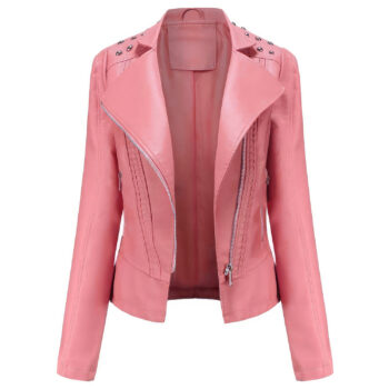 Women’s Pink Biker Studded Shoulders Leather Jacket