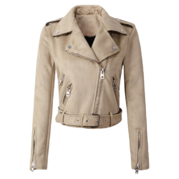 Women’s Beige Punk Asymmetric Suede Leather Jacket
