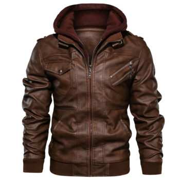 Men’s Pilot Brown Genuine Sheepskin Moto Biker Hooded