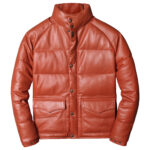 Men’s Rust Genuine Sheepskin High Neck Padded Winter Warm Casual Baggy Sporty Puffer Leather Jacket