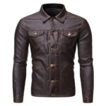 Men’s Brown Biker Genuine Sheepskin Stitched Lining Turn-Down Collar Casual Classic Café Racer Fashionable Retro Rider Slim Fit Leather Jacket