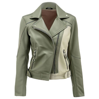 Women’s Thyme Green Ash Grey Genuine Sheepskin Lapel Collar Motorcycle Biker Outfit Fashionable Slim Fit Leather Jacket