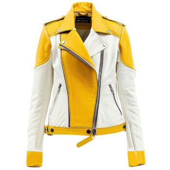 Women’s White Yellow Sporty Rider Lapel Collar Stylish Asymmetric Zip-up Casual Café Racer Leather Jacket