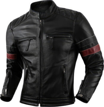 Men’s Black Biker Genuine Cowhide Motorcycle Retro Red Strip Racer Smooth Lightweight Leather Jacket