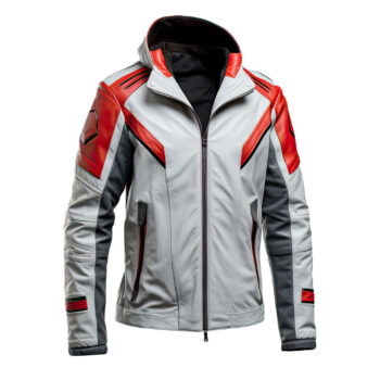 : Men’s Grey Red Genuine Sheepskin Hooded Smooth Zip-up Fashionable Winter Soft Moto Biker Leather Jacket