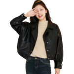 Women’s Black Bomber Outfit Oversized Loose Leather Jacket