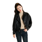Women’s Black Bomber Outfit Oversized Loose Leather Jacket