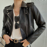 Women’s Black Biker Belted Crossover Leather Jacket 1