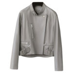 Women’s Grey Biker Leather Jacket 1