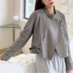 Women’s Grey Biker Leather Jacket 1