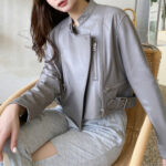 Women’s Grey Biker Leather Jacket 1