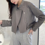 Women’s Grey Biker Leather Jacket 1
