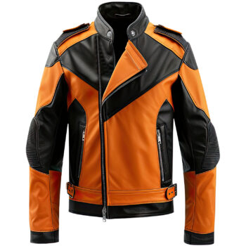 Men’s Orange Black Genuine Sheepskin Elegant Stand Collar Warm Sporty Smooth Asymmetric Zipper Café Racer Leather Jacket