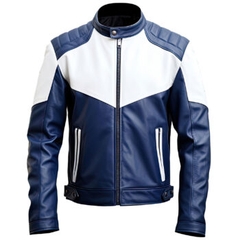 Men’s Navy Blue White Genuine Sheepskin Stand Collar Stylish Quilted Racer Outfit Zip-up Riding Lightweight Leather Jacket