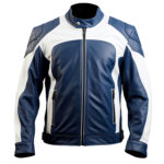 Men’s Navy Blue White Genuine Sheepskin Leather Jacket