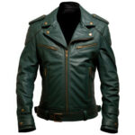 Men’s Forest Green Genuine Sheepskin Lapel Collar Café Racer Winter Outfit Belted Elegant Multi Zipper Rider Leather Jacket