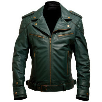 Men’s Forest Green Genuine Sheepskin Lapel Collar Café Racer Winter Outfit Belted Elegant Multi Zipper Rider Leather Jacket