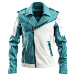 Men’s Turquoise Blue White Genuine Sheepskin Notch Lapel Collar Motorcycle Biker Asymmetric Crossover Rider Leather Jacket