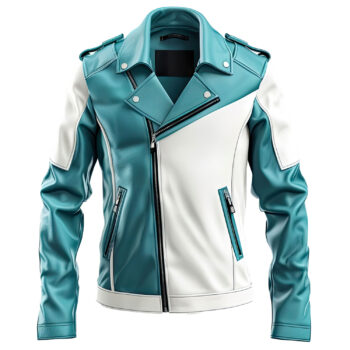 Men’s Turquoise Blue White Genuine Sheepskin Notch Lapel Collar Motorcycle Biker Asymmetric Crossover Rider Leather Jacket