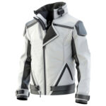 Men’s White Grey Genuine Sheepskin Fashionable Stand Collar Winter Racing Outerwear Sleek Zip-up Moto Leather Jacket
