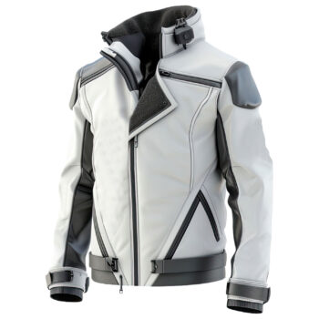 Men’s White Grey Genuine Sheepskin Fashionable Stand Collar Winter Racing Outerwear Sleek Zip-up Moto Leather Jacket