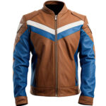 Men’s Sapphire Blue Brown Genuine Sheepskin Stand Collar Classy Sporty Café Racer Zip-up Lightweight Moto Leather Jacket