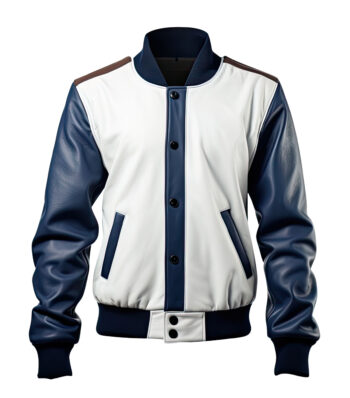 Men’s White Blue Genuine Sheepskin Baseball Stylish Slim-fit Sporty Lightweight Bomber Leather Jacket