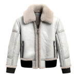 Men’s White Ash Grey Genuine Sheepskin Sherpa Shearling Faux Fur Leather Jacket