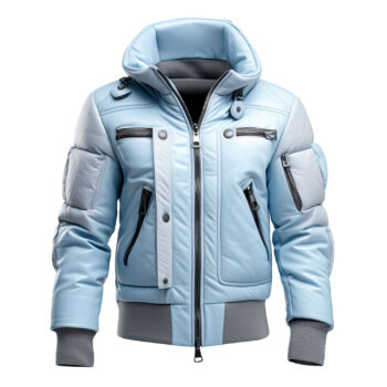 Men’s Ice Blue Genuine Sheepskin High Neck Removable Hood Zip-up Winter Classy Slim-fit Puffer Leather Jacket