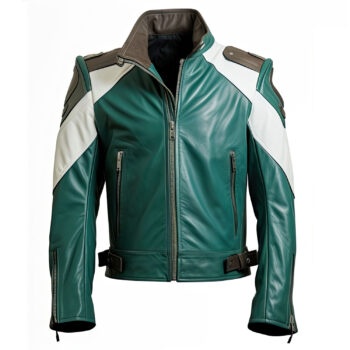 Men’s Forest Green White Genuine Sheepskin Biker Smooth Lightweight Moto Rider Leather Jacket