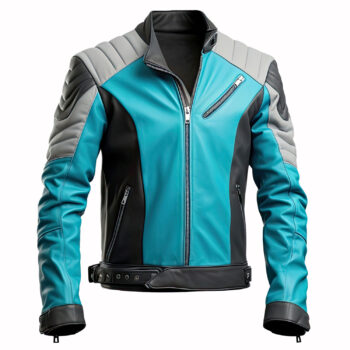 Men’s Turquoise Blue Black Genuine Sheepskin Leather Jacket