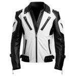 Men’s White Black Genuine Sheepskin Slim-fit Moto Biker Leather Jacket