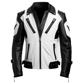 Men’s White Black Genuine Sheepskin Slim-fit Moto Biker Leather Jacket