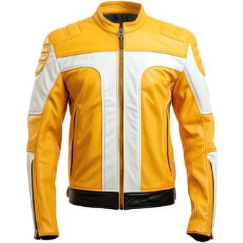 Men’s Yellow White Genuine Sheepskin Zippered Fashionable Smooth Slim-fit Scooter Biker Leather Jacket
