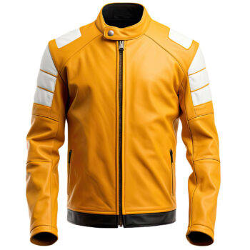 Men’s White Yellow Genuine Sheepskin Quilted Racing Sporty Stylish Moto Biker Leather Jacket