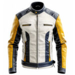 Men’s White Navy Blue Genuine Sheepskin Quilted Sleeves Zip-Up Biker Outerwear Smooth Stylish Sporty Retro Leather Jacket
