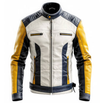 Men’s White Navy Blue Genuine Sheepskin Quilted Sleeves Zip-Up Biker Outerwear Smooth Stylish Sporty Retro Leather Jacket