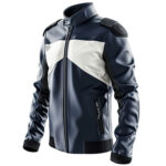 Men’s Navy Blue White Genuine Sheepskin Stand Collar Café Racer Rider Lightweight Leather Jacket