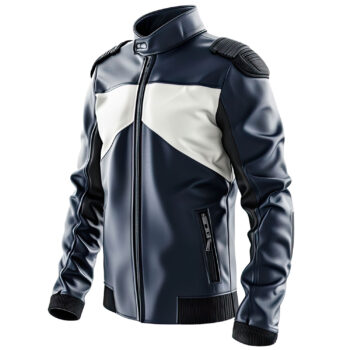 Men’s Navy Blue White Genuine Sheepskin Stand Collar Café Racer Rider Lightweight Leather Jacket
