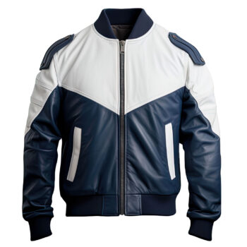 Men’s Navy Blue White Genuine Sheepskin Baseball Sporty Winter Soft Bomber Leather Jacket