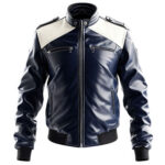 Men’s Navy Blue Biker Genuine Sheepskin Leather Jacket